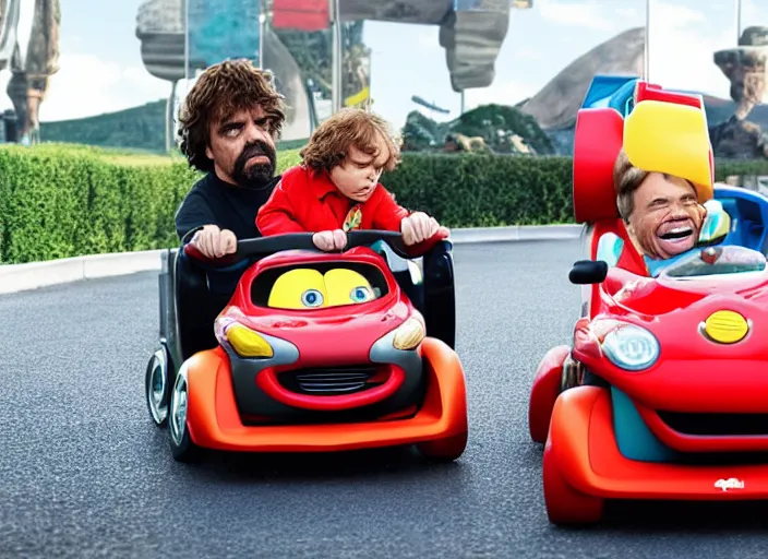 Image similar to peter dinklage and warwick davis driving a little tikes cars, movie still, from the new fast and furious movie, 8 k, realistic