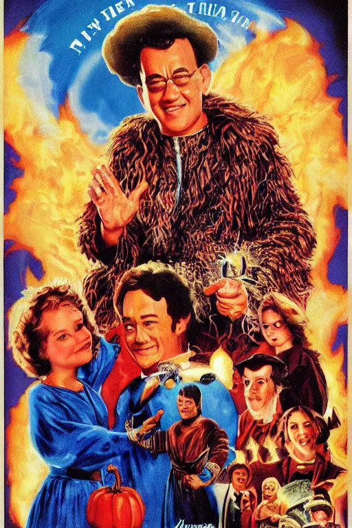 Image similar to vintage movie poster hanksgiving, tom hanks, turkey, a wizard, lightning, 1 9 8 2, drew struzan inspiration