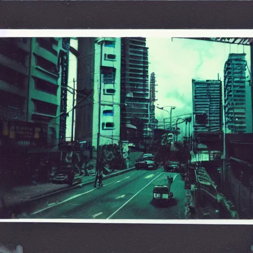 Image similar to a polaroid photo of cyberpunk guatemala city with cyberpunk aesthetic