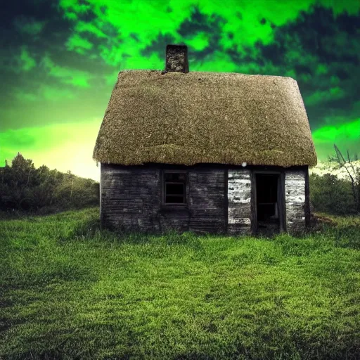 Image similar to abandoned cottage with green light emitting, night, the sky is black, dark, dark