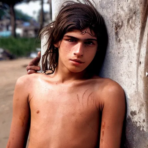 Image similar to a teenage boy, around 1 9 years old with natural brown hair, loincloth and sandals, pale skin. as homeless. detailed face. slums in background. natural colors. hyperrealistic photo.