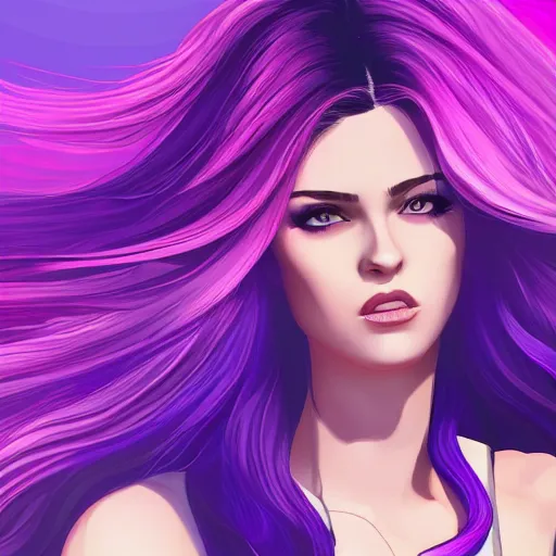 Prompt: a stunning GTA V loading screen with a beautiful woman with ombre hairstyle in purple and pink blowing in the wind, digital art, trending on artstation