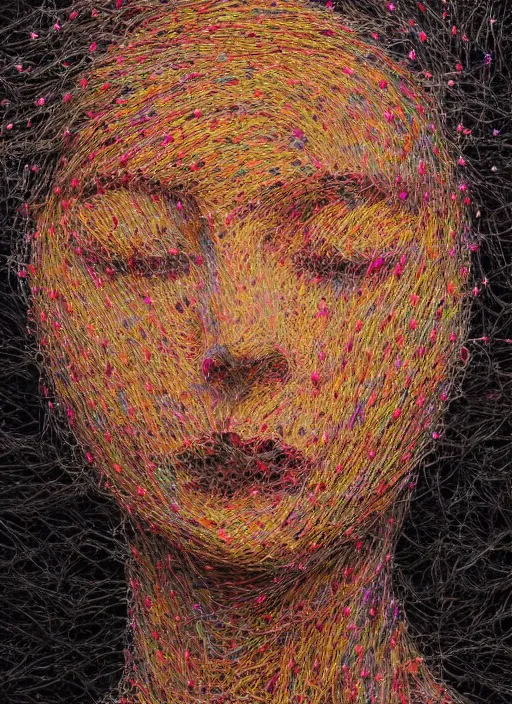 Prompt: a woman's face in profile, made of strands of coloured yarn, in the style of the Dutch masters and Gregory Crewdson, dark and moody