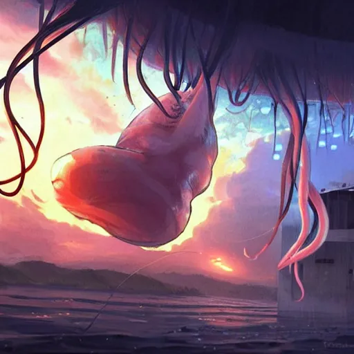 Image similar to Spaghetti with luminous squid smelt and giant squid meat, fantasy art, natural, illustration, art by Makoto Shinkai