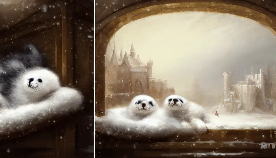 Prompt: highly detailed painting of cute furry white baby seals cuddled up in a cardboard box in a snowy cloudy sky castle by william turner, by greg rutkowski, by william constable, by greg tocchini, thick brush strokes and visible paint layers, 4 k resolution, retrowave colour scheme