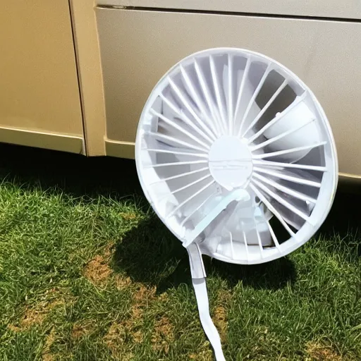 Prompt: a cheap plastic portable white fan melting during a heatwave