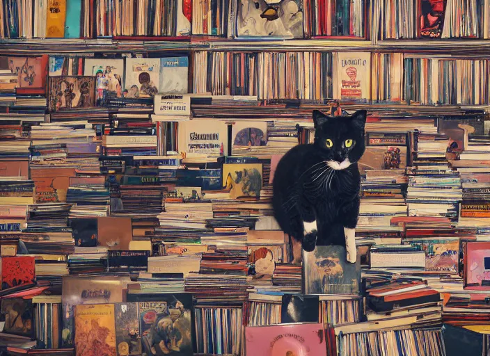 Image similar to photography of a Cat sitting on a pile of books and vinyls. a record player is in the shot. in a room full of vinyls and posters out of the 70's, photorealistic, raining award winning photo, 100mm, sharp, high res