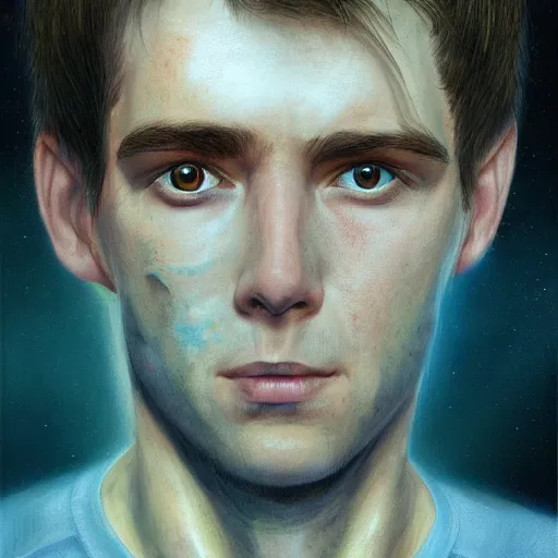 Image similar to a head - on portrait of a 2 0 - something engineering student, brown messy hair, by wayne barlowe and charlie bowater