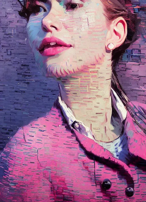 Image similar to portrait of a beautiful girl, city backdrop, smiling, ecstatic, eyes closed, open mouth, shades of pink and blue, beautiful face, rule of thirds, intricate outfit, spotlight, by greg rutkowski, by jeremy mann, by francoise nielly, by van gogh, digital painting