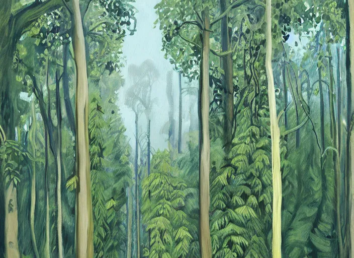 Image similar to painting of a forest, tall trees, vines hanging down from the trees, painted by charles e. burchfield, artstation hq, plein air, painterly