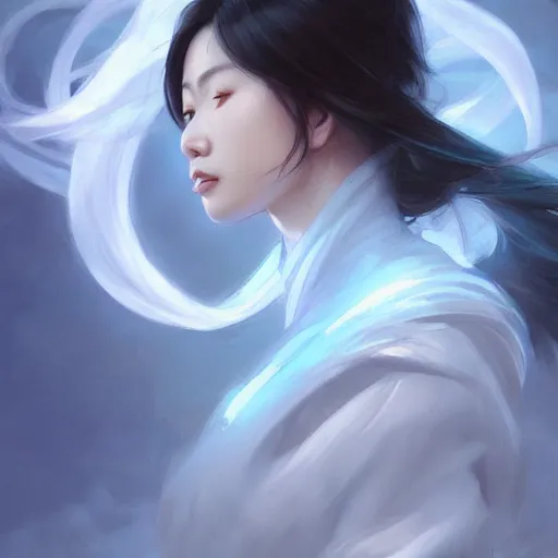 Image similar to asian female wind elemental, light blue color palette, lifelike, portrait, highly detailed, digital painting, artstation, concept art, sharp focus, illustration, cinematic lighting, art by artgerm and greg rutkowski and alphonse mucha