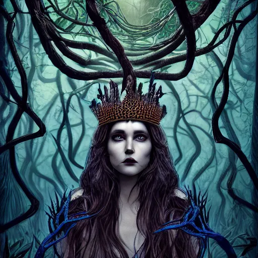 Prompt: dramatic portrait of the dark queen of snakes wearing a crown of snakes, blue skin, realism, dark fantasy illustration, surrounded by vines in a dead forest, dynamic lighting, octane render, artstation