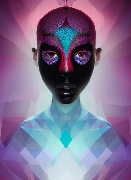 Prompt: a pretty future woman face, skin as colorful geometric patterns, half masked by rose, intricate, symmetrical, volumetric dramatic light, dark black background, sharp focus, highly realistic, octane render