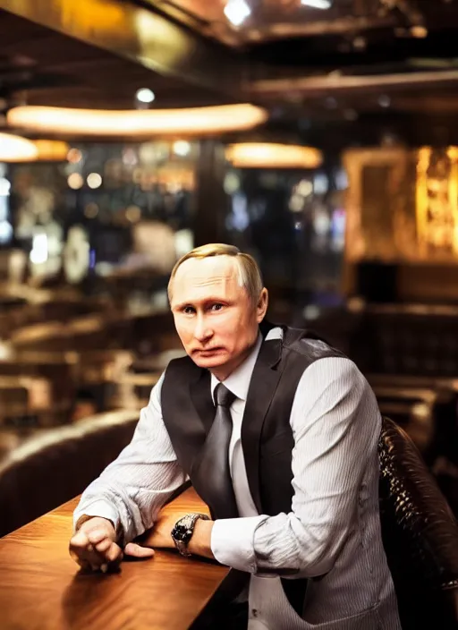 Image similar to a professional photo of person looking like vladimir putin sitting on bar, hand on table, rolex watches, taken in night club, blur background