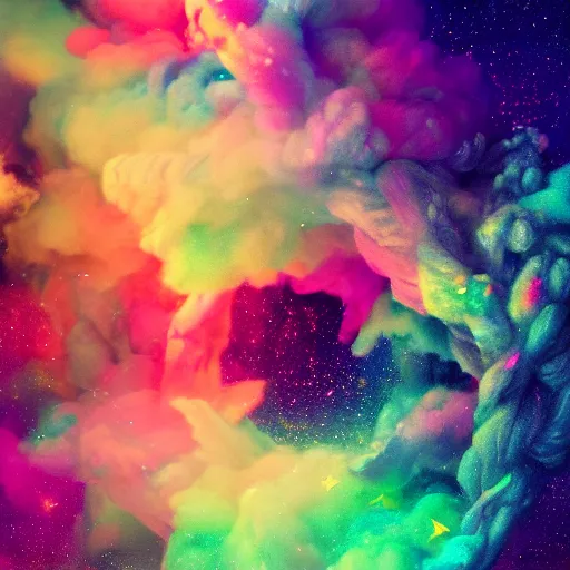 Image similar to whimsical cotton candy, rainbow colors, swirling smoke, starfield, nebula, iridescent, holographic, psychedelic, photoreal, octane render, 4k, award winning, trending on artstation