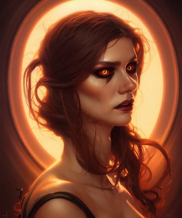 Image similar to Halloween woman portrait, sci-fi, amber eyes, face, long hair, fantasy, intricate, elegant, highly detailed, digital painting, artstation, concept art, smooth, sharp focus, illustration, art by artgerm and greg rutkowski and alphonse mucha