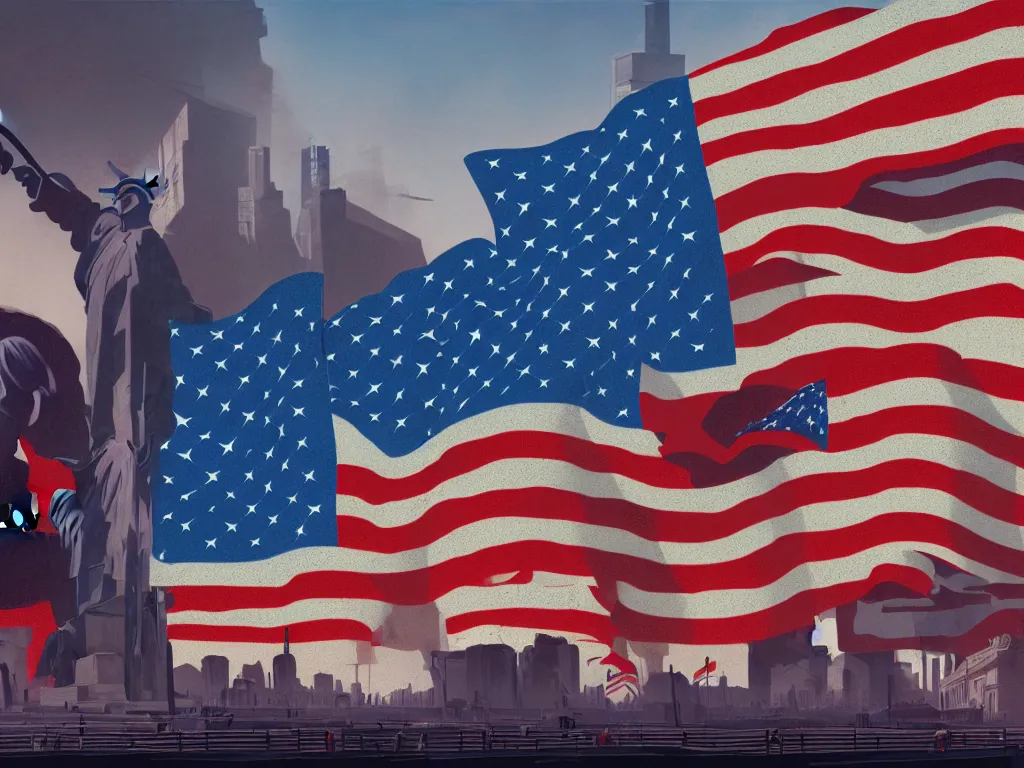 Prompt: landscape matte painting of the american working class taking over tech companies and conglomerates, digital painting, modern city scape, conflict, camaraderie, sacrifice, hope, triumph of communism in america, socialist american state flags, highly detailed, 4 k, artstation, photorealistic, architecture