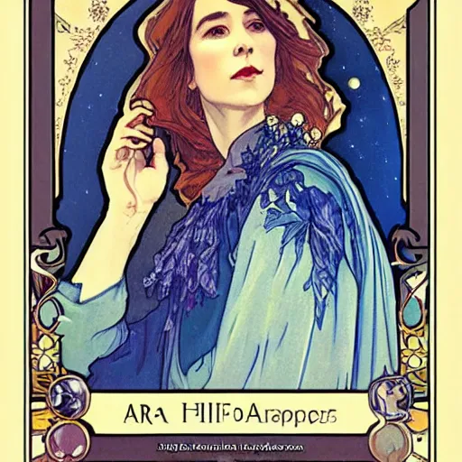 Image similar to sara paulson portrait by louis - theophile hingre and alphonse mucha, realistic, sharp focus, zodiac signs, tarot cards, planets, ethereal, art nouveau, magic, moon, sun, crown, dreamy, royal, jewellery