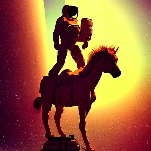 Image similar to digital art of centaur riding on top of an human astronaut back. from western by hiroyuki okiura and katsuhiro otomo and alejandro hodorovski style with many details by mike winkelmann and vincent di fate in sci - fi style. volumetric natural light photo on dsmc 3 system,