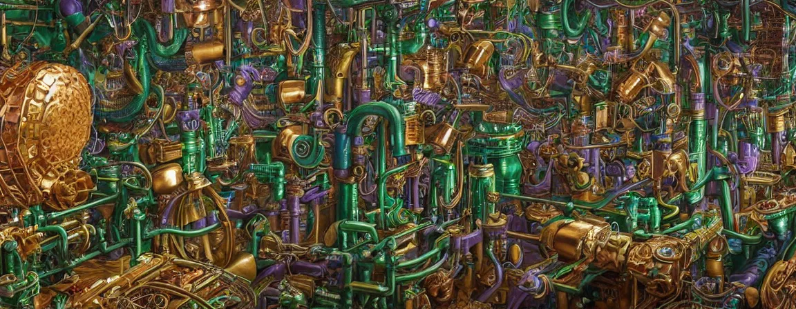 Image similar to a super high resolution film still of densely packed machine apparatus for making snake oil, huge copper machine with fine purple and green intricate pipework, art by jacek yerka, and ed roth, directed by denis villeneuve, cinematography by robby muller, fine detail, kodachrome 8 k, snake machine, cinematic lighting