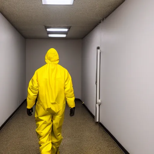 Image similar to a man wearing a yellow hazmat suit inside the very dark empty unsettling creepy backrooms, liminal space, flickering fluorescent lights, eerie mood
