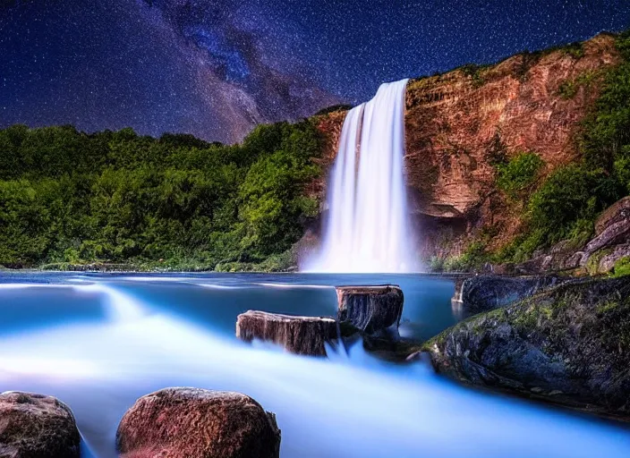 Image similar to a long capture photo of a magical waterfall, high cliff, night, stars in the sky