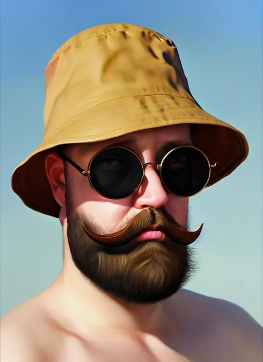 Prompt: a _ fantasy _ style _ portrait _ painting _ of chubby white male with bucket hat circle face and circle glasses, rough beard, oil _ painting _ unreal _ 5 _ daz. _ rpg _ portrait _ extremely _ detailed _ artgerm _ greg _ rutkowski _ greg