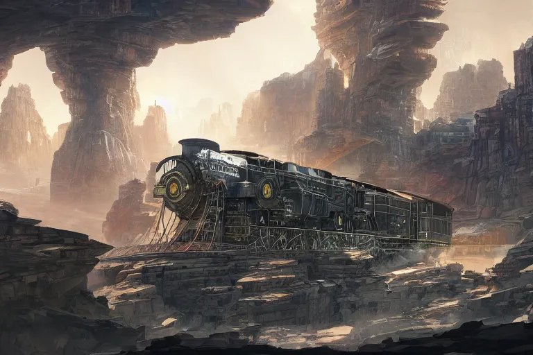 Prompt: a steam locomotive riding through a canyon towards a fortified futuristic city, hyperdetailed, artstation, by Feng Zhu and James Paick, by Ryan Church