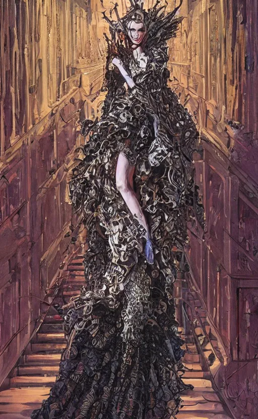 Image similar to fashion model walking down a catwalk, elaborate dress by alexander mcqueen, art by michael whelan and chris moore and howard david johnson and tim white and dan giancola