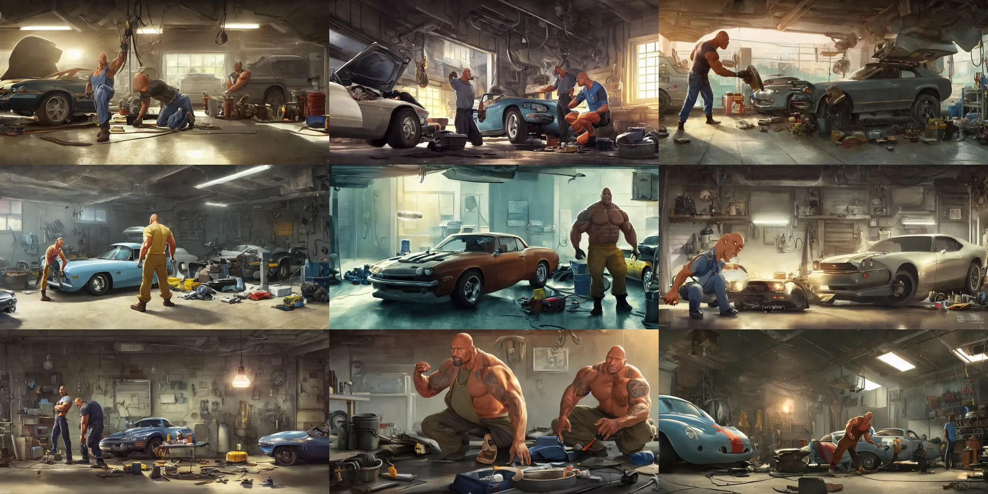 Prompt: a wholesome animation key shot of Dwayne Johnson as an auto mechanic repairing a car in the garage, medium shot, waist up, studio Ghibli, Pixar and Disney animation, sharp, Rendered in Unreal Engine 5, anime key art by Greg Rutkowski, Bloom, dramatic lighting