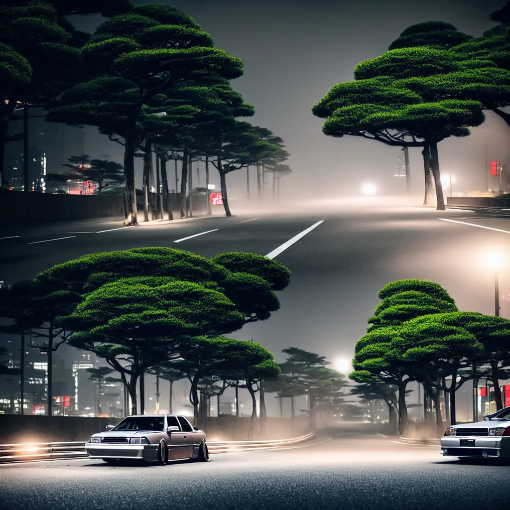 Image similar to car in center JZX100 twin turbo drift on a road, surrounded by trees and buidlings in Tokyo prefecture, rooftops are Japanese architecture, city at sunset heavy mist over streetlights, cinematic lighting, photorealistic, detailed wheels, highly detailed