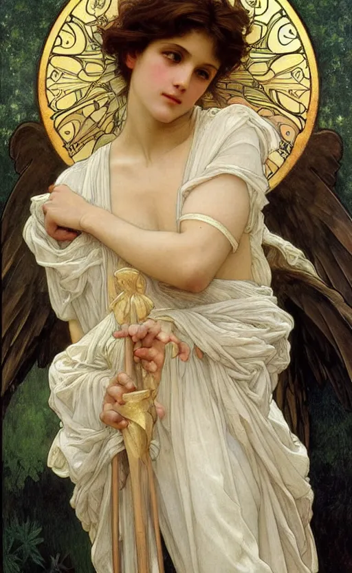 Image similar to portrait of a beautiful angel, intricate, elegant, hyperdetailed by alphonse mucha and william - adolphe bouguereau and john william waterhouse