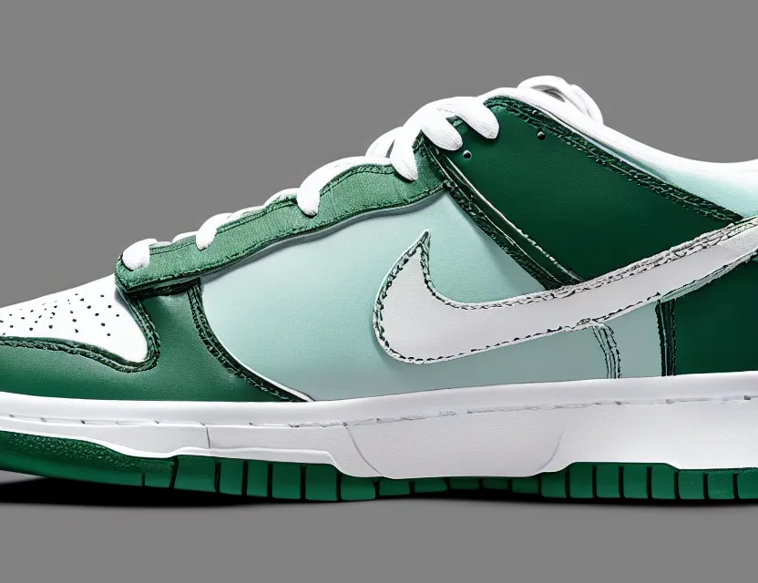 Image similar to a press photograph of nike dunk low pine green and white, size 1 0, white background