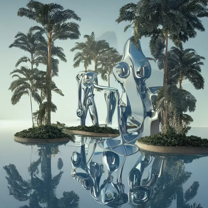 Prompt: hyperrealistic geometric objects in a surreal minimalistic 8 0's dreamscape environment by salvador dali, enormous chrome man, highly detailed, 3 d render, octane, beautiful lighting, photorealistic, intricate, elegant, wayne barlowe, water, mirrors, doorway, beautiful, masterpiece, trending on artstation, artgerm, checkered floor, palm tree
