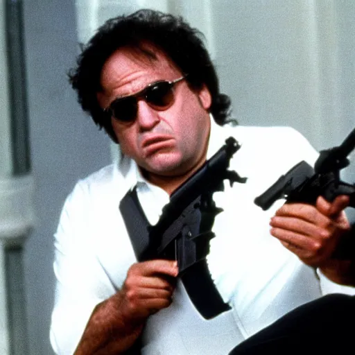 Image similar to Danny DeVito in Scarface holding M16, cinematic, sharp focus, movie still, atmospheric, Action scene, 8k,