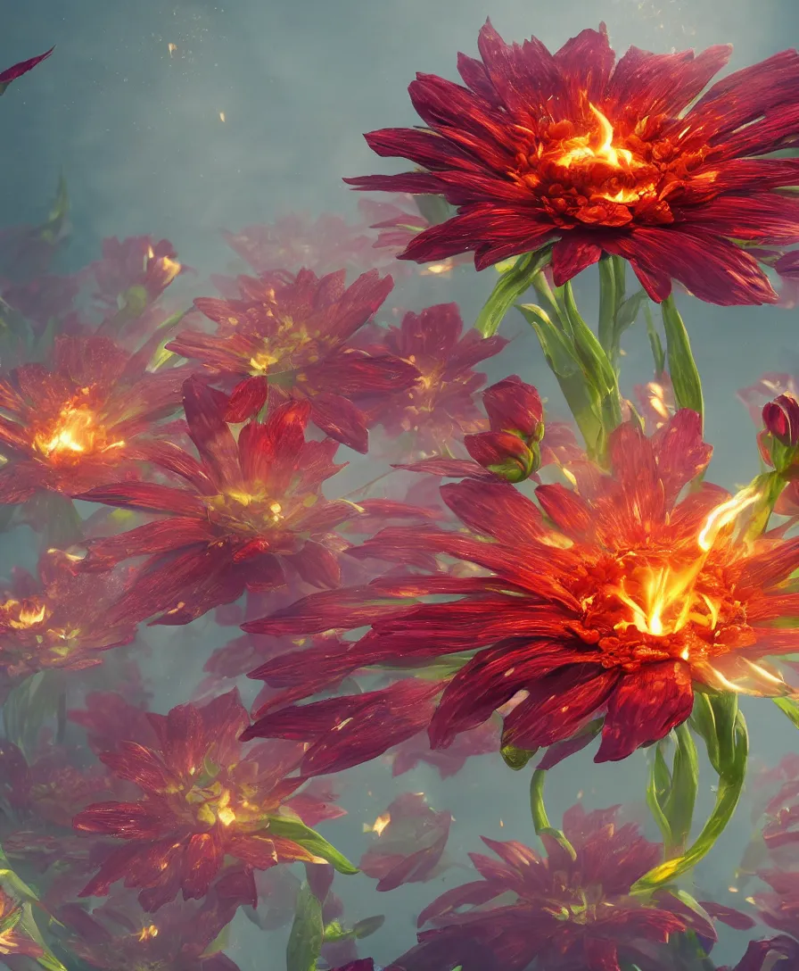 Prompt: close up, hyper realistic flower with fire texture on the petals, beaultiful background, bokeh, illustrated by greg rutkowski, beautiful volumetric lighting, intricate, ultra detailed, photorealistic, trending on artstation, octane render, 8 k