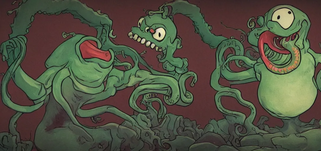 Prompt: Cthulhu in Cuphead, videogame still