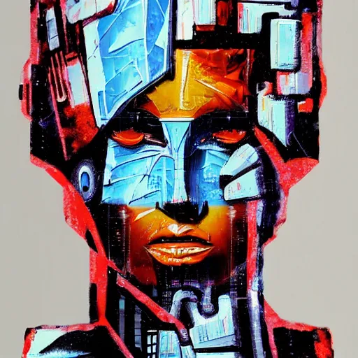 Image similar to a graph - style gouache impasto huge robot head in front of her, cyberpunk art by