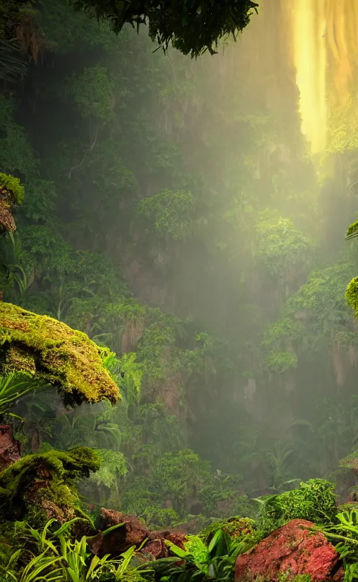 Image similar to a beautiful render of a dark prehistoric rainforest in a humongous cave, lush flora, patches of yellowish - red - magenta sky, sunset lighting, floating mountains and a waterfall in the background, intricate detail, hazy, humid, volumetric lighting, god rays, 8 k, photorealistic, raytracing effects, unreal engine 5