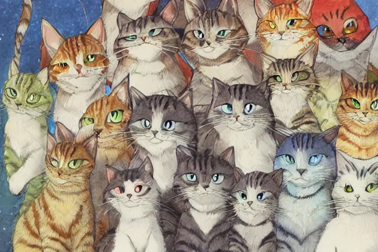 Image similar to beautiful art illustration of a group of cats by studio ghibli, anime, highly detailed