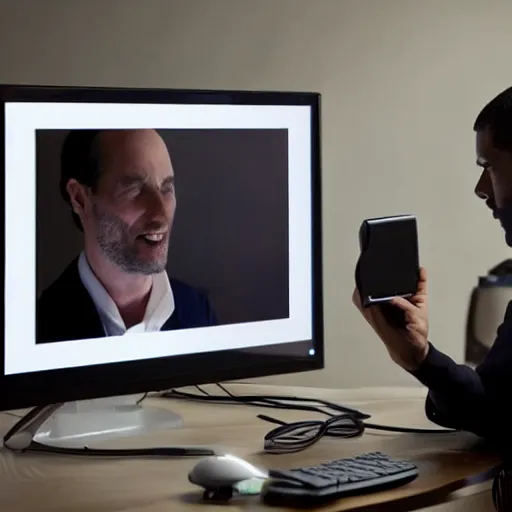 Prompt: a man looking at his digital clone in a computer screen