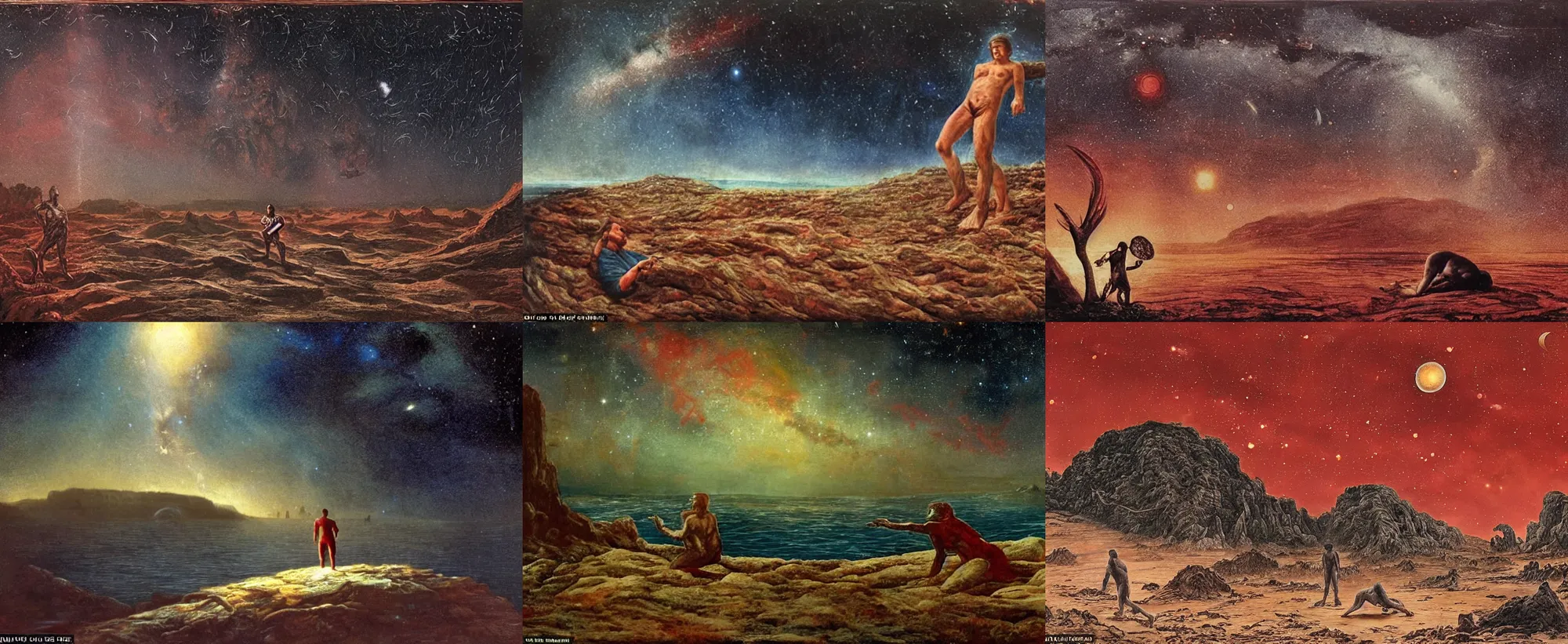 Prompt: man moves into the Triassic period, finding himself on an island of land in the middle of a red-red-red-red-blood-colored ocean, with an open view of the night sky and the stars of the Milky Way, made by H.R. Giger