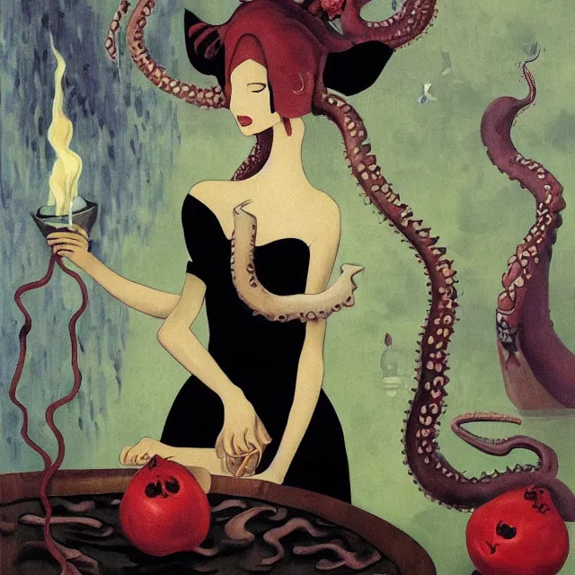 Image similar to tall female catgirl artist holding a skull in her flooded apartment, pomegranates, octopus, water gushing from ceiling, painting of flood waters inside an artist's apartment, a river flooding indoors, candles, ikebana, zen, rapids, waterfall, black swans, canoe, berries, acrylic on canvas, surrealist, by magritte and monet