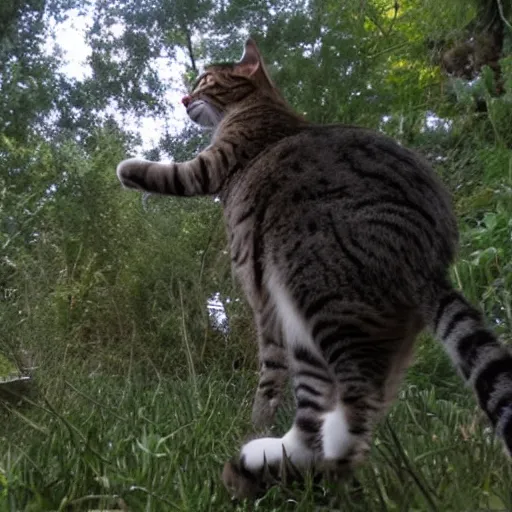 Prompt: cat with stretched fat idiot trail cam urban