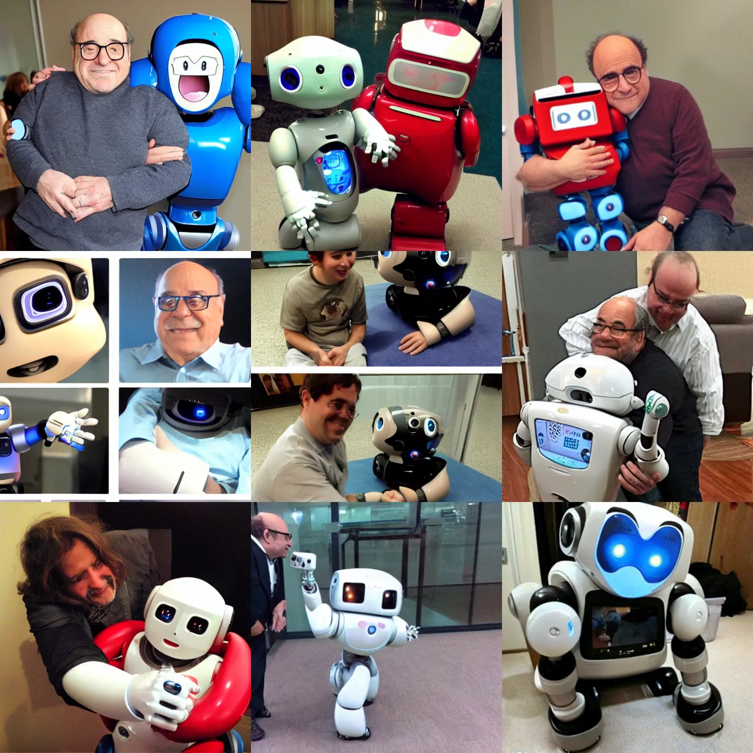Prompt: <picture meta='attention-grabbing' description='cute adorable friendly caring' robotDesires='hug' accurate>Robot meets Danny DeVito<picture>