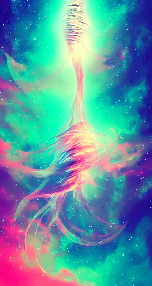 Image similar to the moon turning into a majestic jellyfish made out of the cosmos, drifting through a vaporwave ocean, vaporwave style, iphone wallpaper, digital art