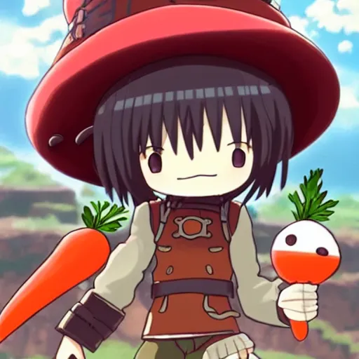 Image similar to cute android humanoid with big tomato hat and a carrot sword, made in abyss style, anime