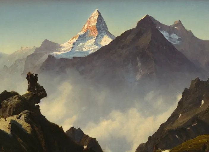 Image similar to alpine ibexes climbing in the alps with the matterhorn in the background in the style of hudson river school of art, oil on canvas