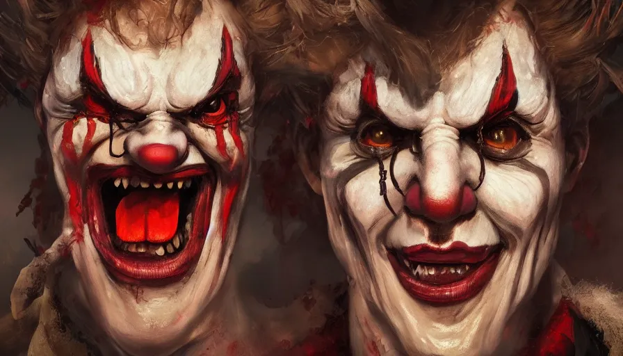 Prompt: portrait of a demonic clown, cinematic shot, aaa game concept art oil painting by jama jurabaev, extremely detailed, brush hard, artstation, high quality, brush stroke