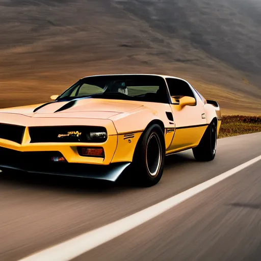 Image similar to black pontiac firebird trans - am driving towards the camera, mountain, valley, breathtaking mountains, lake, dynamic, sunrise, cinematic, motionblur, sunbeams, volumetric lighting, wide shot, low angle, large lightning storm